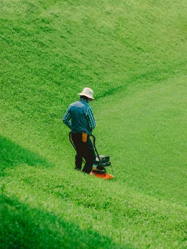 A gardener mowing a broad green lawn.